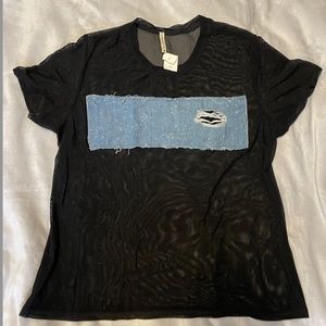 Black Emma and Sam Mesh Denim Crewneck T shirt top NWT